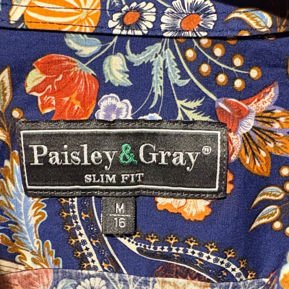 Paisley & Gray Slim Fit Blue Paisley Button Down Shirt M 16 - Picture 3 of 5